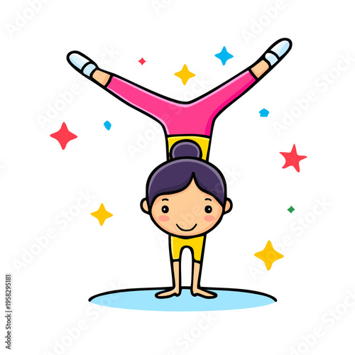 Young girl in athletic clothing performs a handstand surrounded by colorful stars