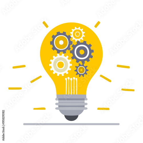 Yellow light bulb with internal gears symbolizing innovation and ideas