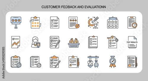 Customer feedback and evaluation icons set on gray background