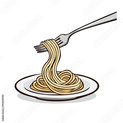Fork lifting twirled spaghetti noodles from a plate, a simple delicious meal illustration