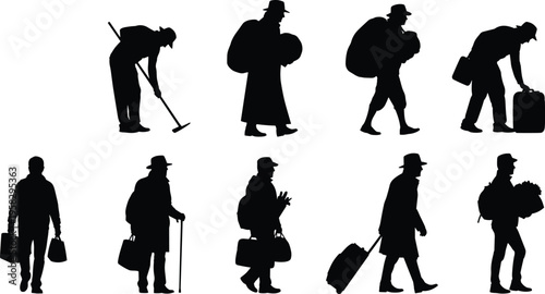 People Silhouette Collection with Bags and Luggage, Men Walking with Suitcases, Travelers Carrying Backpacks and Bundles, Vector Illustration Isolated, People Set