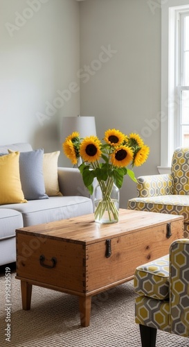 Cozy Living Room With Sunflowers On A Wooden Trunk Coffee Table