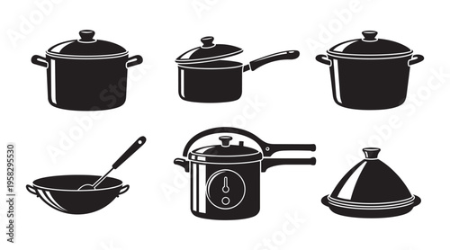 Kitchenware pots and pans vector illustration set featuring wok pressure cooker and tagine vessels
