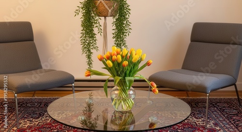 Cozy Living Room With Tulips And Modern Chairs