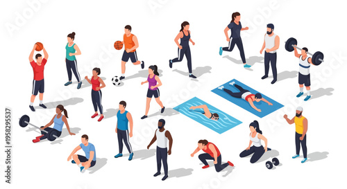 Isometric illustration of diverse people engaging in various sports and fitness activities on a clean white background for the International Day of Sport for Development and Peace concept
