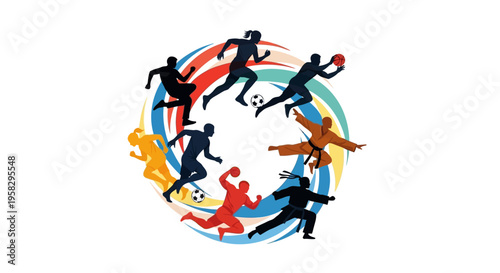 Illustration of multi-country athletes in various sports forming a global unity concept for the International Day of Sport for Development and Peace