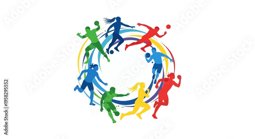 A colorful illustration of multi-country athletes in a circular formation conveying global sports unity and the International Day of Sport for Development and Peace
