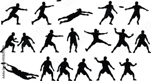 Ultimate Frisbee Player Silhouette Set, Sports Action Poses, People Throwing, Catching, Diving for Disc, Athletic Team Game, Vector Illustration Isolated