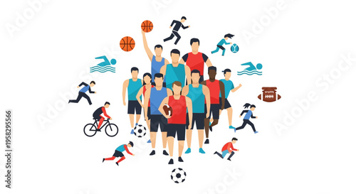 Illustration of diverse athletes in various sports for International Day of Sport for Development and Peace, promoting global sports unity and teamwork