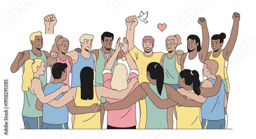 Diverse group of people in colorful clothes standing together with arms around each other and raised fists in a symbol of global sports unity and peace on International Day of Sport