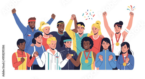 Diverse group of athletes and people celebrating together in a colorful illustration with confetti, promoting global sports unity and peace