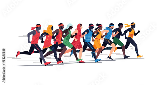 Illustration of multi-country athletes running together in a global sports unity concept on International Day of Sport for Development and Peace