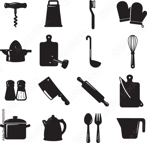Kitchen related utensils and appliances silhouette icons vector set