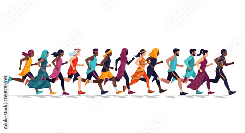 Diverse group of people running together in a colorful illustration for International Day of Sport for Development and Peace