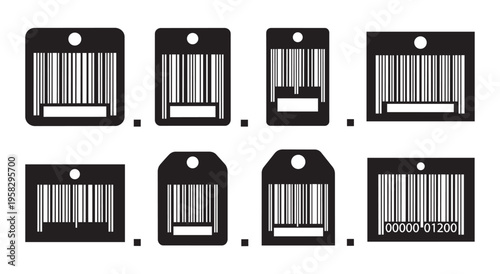 Barcode vector labels set in black, essential for product identification and inventory tracking