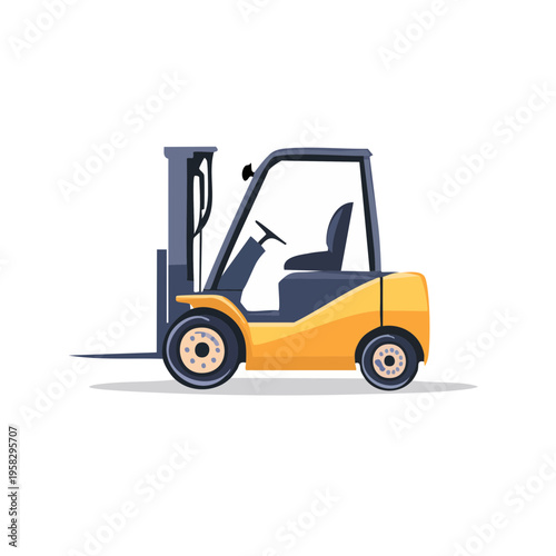 Yellow and blue industrial forklift truck, compact design, side view, clean illustration