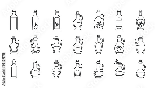 Olive oil bottles and jugs set, a collection of outline vector illustrations for culinary use