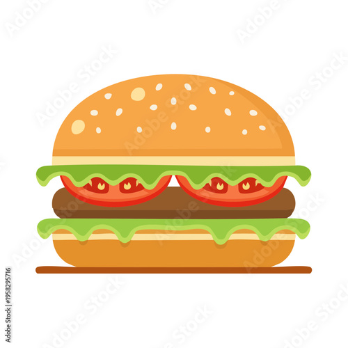 Stylized flat illustration of a classic hamburger with lettuce, tomato slices, and a meat patty between buns