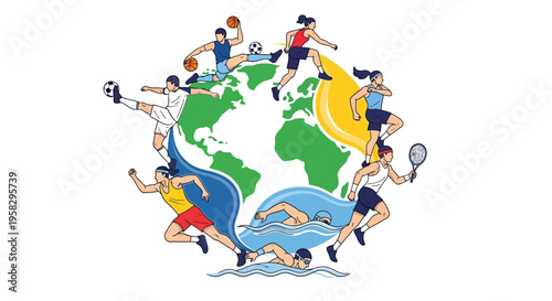 Illustration of diverse athletes from around the world engaging in various sports, promoting global sports unity and peace