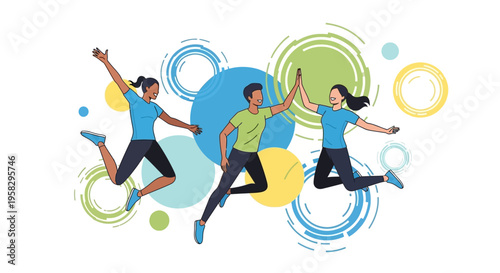 Vector illustration of three multi-country athletes jumping in unison, symbolizing global sports unity and peace on International Day of Sport for Development and Peace with colorful circles
