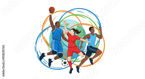 Illustration of multi-country athletes in action for the International Day of Sport for Development and Peace, promoting global sports unity and teamwork with colorful globe and icon