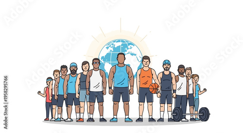 Diverse group of people standing united in front of a globe with a sunburst, symbolizing global sports unity and peace