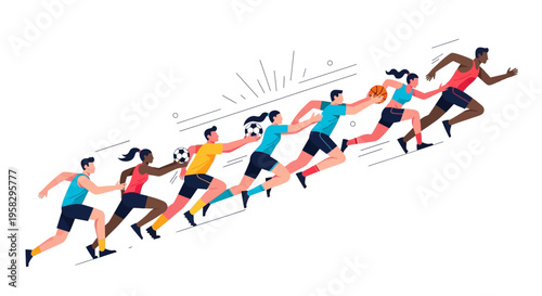 Illustration of diverse athletes running together in a global sports unity concept for the International Day of Sport for Development and Peace