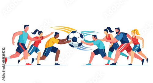 Illustration of diverse athletes from various countries playing soccer together, promoting global sports unity and peace on International Day of Sport for Development and Peace