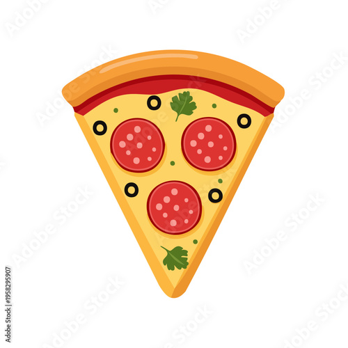 Savor a delicious pepperoni pizza slice with olives and fresh parsley garnish