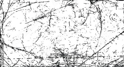 Abstract black scratch marks and chaotic line texture on white background for vintage overlay effect