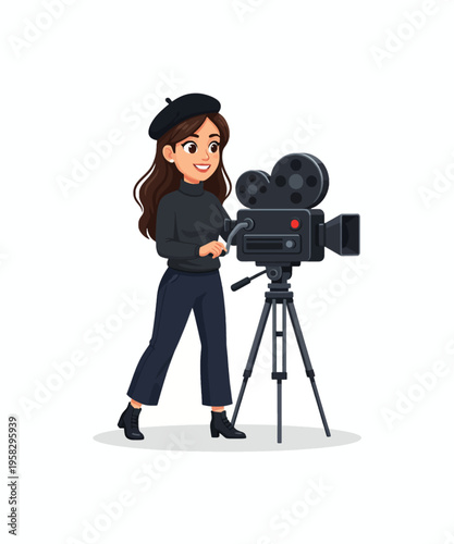 Young female filmmaker operating a vintage film camera mounted securely upon a professional tripod stand