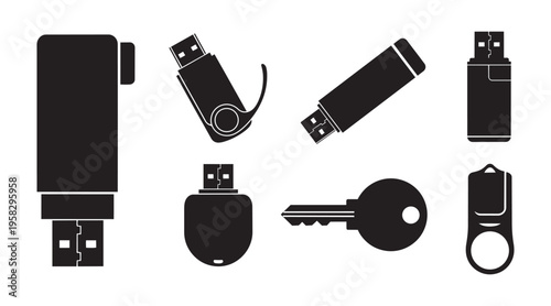 USB flash drive and key set black silhouette vector illustration
