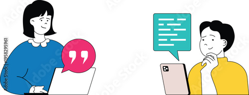 Two individuals engaged in a virtual discussion using different communication methods