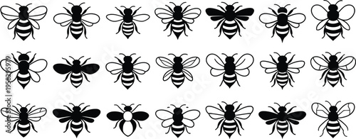 Bee silhouettes diverse set honeybee bumblebee hornet wasp bug isolated transparent background insect vector illustration