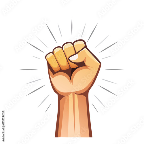 Strong clenched fist raised upwards representing power and victory symbol