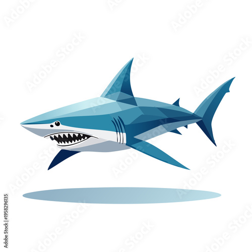 Geometric blue shark with sharp teeth swimming in the ocean