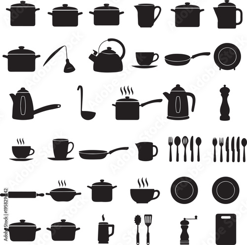 Kitchen utensils cooking accessories silhouette set