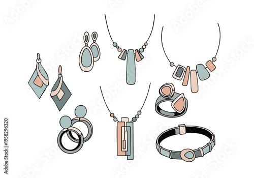 Collection of elegantly designed jewelry, including necklaces, earrings, bracelets, and rings with a modern aesthetic and pastel color palette