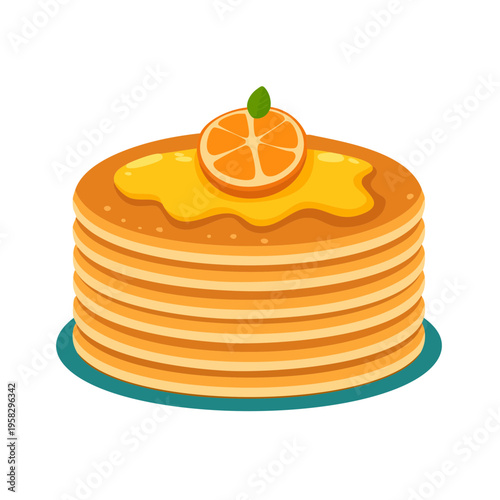 Stack of golden pancakes drizzled with syrup and topped with a fresh orange slice and mint leaf