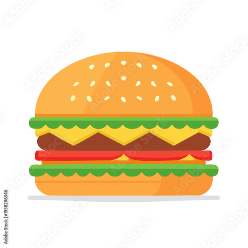 Flat design illustration of a delicious double cheeseburger with sesame seeds on the bun