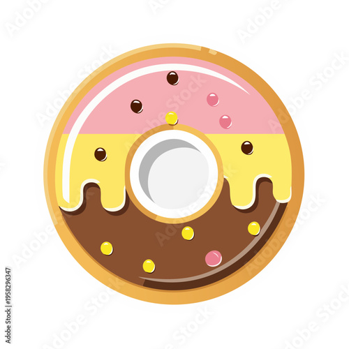 Delicious Cartoon Donut with Pink Yellow and Chocolate Frosting and Sprinkles