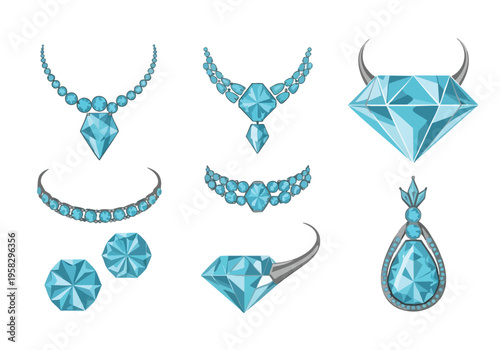 Collection of exquisite blue gemstones and diamond jewelry pieces displayed in a visually appealing arrangement