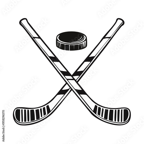 Two crossed hockey sticks and a puck creating a dynamic symbol for sport and competition