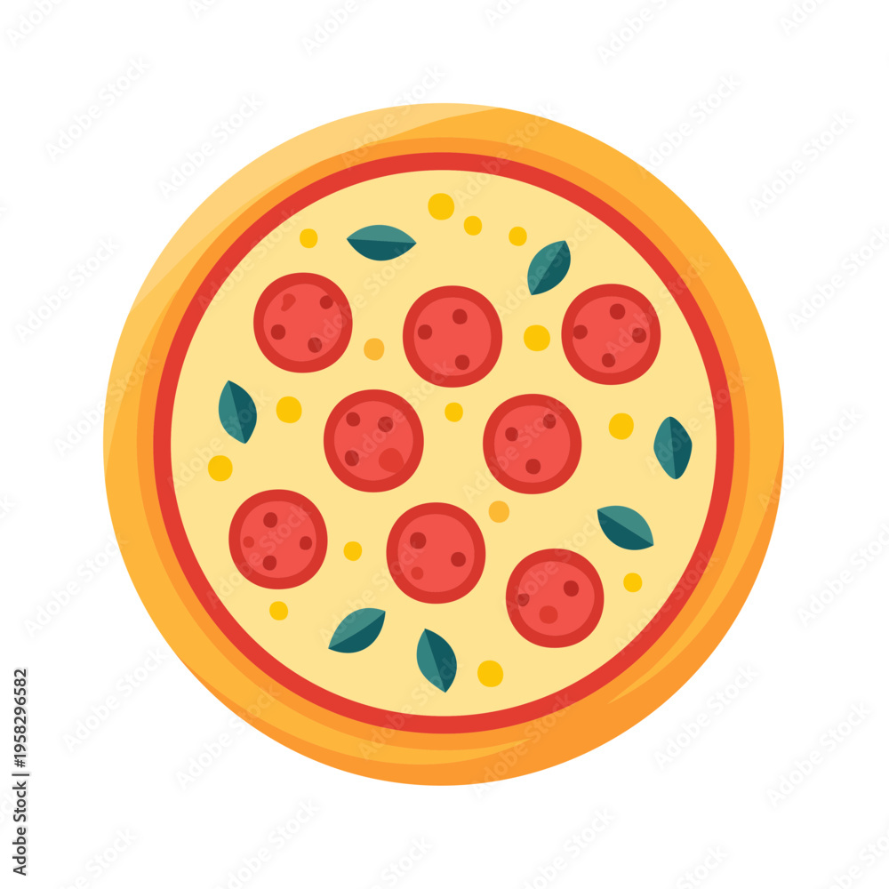 Fototapeta premium Flat Illustration of Pepperoni Pizza with Cheese and Basil Leaves