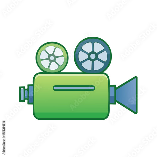 Retro film camera with green body and blue lens and reels illustration