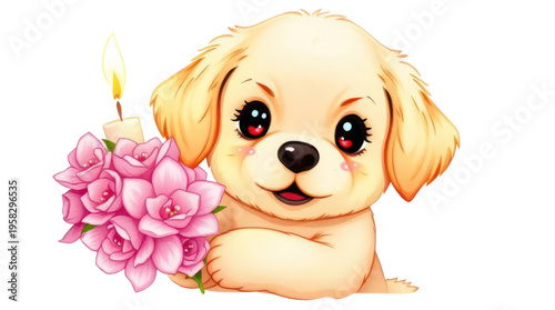 Puppy Holding a Lovely Pink Flower Bouquet and a Lit Candle a Cute Cartoon Illustration