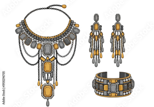 Ornate jewelry set with a statement necklace, dangling earrings, and a bold cuff bracelet, featuring intricate beadwork and gemstones