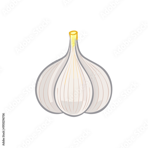 Illustration of a single bulb of garlic with a stylized yellow stem against a white background