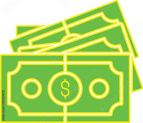 Illustration of money, stacked green banknotes with yellow outline and white fill colorfull vector symbol