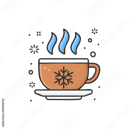 Steaming hot beverage in a cup with a snowflake design and winter decoration
